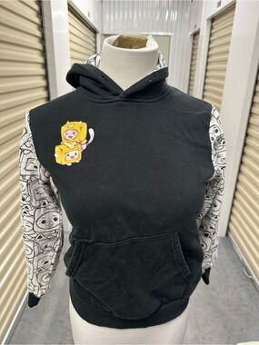 Black & White Kids' Hoodie with Cartoon Sleeve Print
